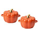 FYUEROPA Pumpkin Bowl Set with Lid and Handle, Set of 2 Ceramic Ramekins for Baking, Casserole Dish Individual Severing Pot, Stoneware, Oven Safe, 14 Oz (Orange)