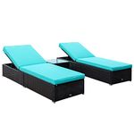 Outsunny 3pc Chaise Lounge Chair Set w/Side Table Outdoor Patio Synthetic Rattan Wicker Sun Bed Set with Cushion All Weather Light Turquoise