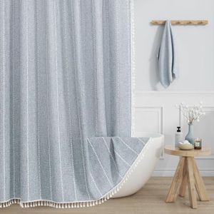 MitoVilla Boho Long Shower Curtain 72 x 78, Blue Farmhouse 78 inch Long Polyester Linen Fabric Shower Curtains with Tassel for Chic Cottagecore French Rustic Bathroom Decor