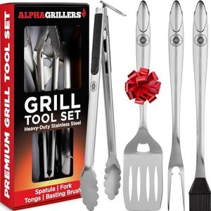 Grilling Accessories - Stainless Steel Heavy Duty Grill Tools Set BBQ Accessories for Outdoor Grill with Spatula, Fork, Brush & Tongs - Grilling Gifts for Men Valentines Day Gifts for Him