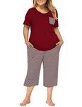 Tongmingyun plus size pajamas capris pants set striped for women Sleep Shirts loungewear sleepwear 3x 4x 5x, Wine Red-1, 4X-Large