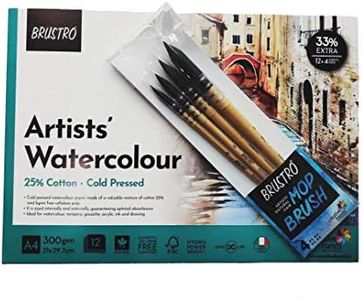 BRUSTRO Artists Natural Hair MOP Brush Set of 4 (0, 2, 4, 8) with Artist Watercolour Pad Cold Pressed 300 GSM 25% Cotton A4 - (12 + 4 Free Sheets)