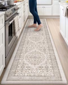 DEXI Kitchen Floor Mats Cushioned Anti Fatigue, 23x107 Long Wide Standing Comfort Runner Rug, Waterproof Retro Floral Memory Foam Padded for Front Sink Laundry, Beige and White