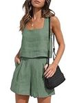 TANMESSO Women's 2024 Summer Two Piece Vacation Outfits Linen Tank Crop Tops and Shorts Set Lounge Wear Pajamas (Bean green,L,L,Regular,Regular)