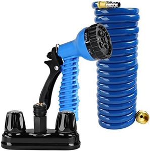 Empire Faucets RV Potable Water Hose Set - 15ft Blue Coil Hose with 4in Black Quick Disconnect and 7-Function Sprayer