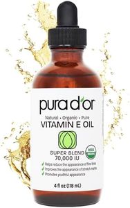 PURA D'OR Organic Vitamin E Oil Blend 70,000 IU (4oz / 118mL) 100% Natural Hexane Free, Sweet Almond, Apricot, Jojoba, Argan, Rosehip, Sunflower & Avocado Bath Oil for Scars, Skin, Face & Full Body