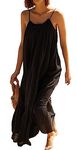 R.Vivimos Women's Summer Cotton Maxi Dress Adjustable Spaghetti Strap Boho Casual Backless Ruffle Loose Fit Flowy Dress, Black, Medium