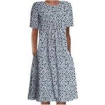 AMhomely Summer Dresses for Women UK Clearance Bohemian Print Short Sleeve Beach Dress Knee Length Dress for Special Occasions Ladies Maxi Dresses Plus Size Petite Sexy Dress UK Size, Dark Blue 2, 16