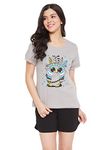 Clovia Women's Cotton Printed Top and Shorts Set (Ls0410A01M_Grey_M), Short Sleeve Pajama, Medium