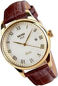 SKMEI Montre à quartz analogique pour homme Style classique et décontracté En cuir noir Étanche Calendrier Date Affichage simple Cadeau pour papa et père, Bracelet marron + boîtier doré
