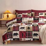 Wake In Cloud - Rustic Patchwork Comforter Set, Christmas Lodge Red and Black Bedding Woodland Wildlife Bear Moose Elk Pine Trees Pattern Printed, Soft Microfiber Bedding (3pcs, Queen Size)