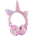 KORABA Kids Headphones Bluetooth Wireless, Unicorn LED Lights up Girls Headsets with Microphone, 10 Hours 5.0 Bluetooth Headphones for Girls, Kids, Flashing with Music Rhythm (Rainbow)