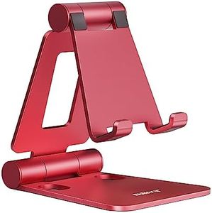 Nulaxy Dual Folding Cell Phone Stand, Fully Adjustable Foldable Desktop Phone Holder Cradle Dock Compatible with Phone 16 15 14 13 12 11 Pro Xs Xs Max Xr X 8, Nintendo Switch, All Phones - Red