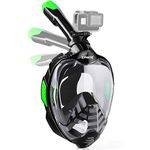 ZIPOUTE Snorkel Mask Full Face, Full Face Snorkel Mask Adult and Kids with Detachable Camera Mount, Snorkeling Mask 180 Panoramic View Anti-Fog Anti-Leak Dry Top Set (Green Black, L/XL)