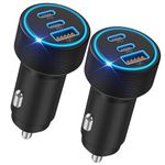 USB C Car Charger Adapter, WODENTA 2 Pack 67W 3-Port 12V Car Charger USB C Fast Charge, USB Charger Cigarette Lighter Adapter for iPhone 16/15/14/13/12/11, Samsung S24/S23/S22, Google, Android Phone