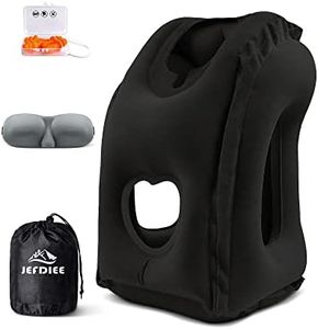 JefDiee Inflatable Travel Pillow, Airplane Neck Pillow Comfortably Supports Head and Chin for Airplanes, Trains, Cars and Office Napping with 3D Eye Mask, Earplugs and Portable Drawstring Bag (Black)
