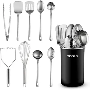 Stainless-Steel Kitchen Utensil Set - 10-piece premium Nonstick & Heat Resistant Kitchen Gadgets, Turner, Spaghetti Server, Ladle, Serving Spoons, Whisk, Tongs, Potato Masher and Utensil Holder