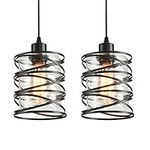 IHENGYANLT 2 Pack Pendant Light Kitchen Island Pendant Lighting, Glass Hanging Light with Spiral Cage Clear Glass Shade, Black Modern Indoor Hanging Lamp for Dining Room Kitchen Island Bedroom