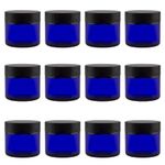 Cornucopia Brands 2-Ounce Cobalt Blue Glass Cosmetic Jars (12-Pack); Straight Sided Jars w/Black Plastic Lined Lids for Balms Cosmetics Creams & More