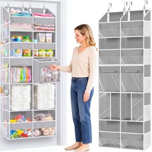 Over the Door Organizer 5 Tiers with Removable Drawers, Extra Large Door Storage of 6 Compartments & 2 Diaper Storage, Double-Column Clear Window Door Hanging Organizer for Nursery,Closet,Pantry(Gray)