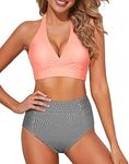 Tempt Me Women Pink Striped Two Piece High Waisted Bikini Set Swimsuits Push Up Halter Tummy Control Bottoms Bathing Suits XL