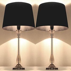 Pair of New Deco Modern Designer Bedside Table Lamps with Black Ribbon Round Shade Set of 2 T806B1