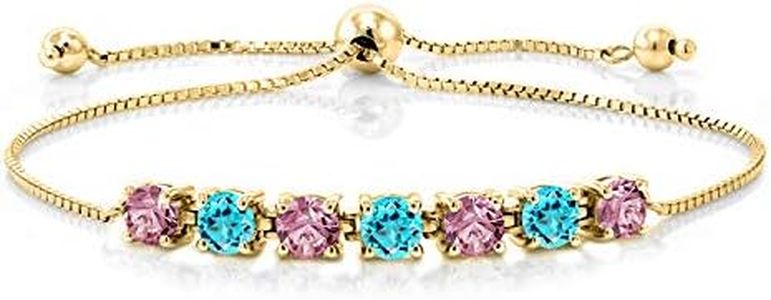 Gem Stone King 2.94 Ct Pink Lab Grown Diamond Swiss Blue Topaz 18K Yellow Gold Plated Silver Bracelet For Women