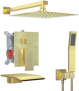 ShiureBath 10 Inch Shower Faucet Set with Tub Spout Wall Mounted Shower System for Bathroom with High Pressure 10 Inch Rain Shower head and Handheld Shower Head Set, Brushed Gold