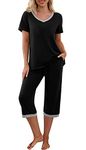 VINTATRE Women's Pajama Set Short Sleeve Shirt and Capri Pants Sleepwear Pjs Sets with Pockets Black-L