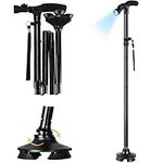 Foldable Walking Cane with LED Light, Adjustable Ergonomic Walking Sticks, Aluminum with T Handles Hand Walking Stick, Collapsible Crutch with Torch, Mobility Aid for Elderly, Seniors & Handicap