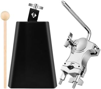 7 Inch Cowbell with L-Rod Clamp Set, Cowbell for Drum Set, Adjustable Mount Bracket, Black Steel Cow Bell for Drum Sets, Percussion Instrument, Sports, Bands, Includes Stick