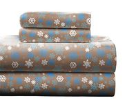 Pointehaven Heavy Weight Printed Flannel Queen Sheet Set, Snow Flakes, Tan