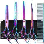 EVERESTA Dog Grooming Scissors with Safety Round Tips, Heavy Duty Titanium Pet Grooming Trimmer Kit, Professional Thinning Shears, Straight Scissors with Comb for Dogs and Cats (Rainbow)
