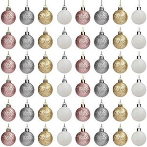 Belle Vous Bola Navidad (Pack de 48) Adornos Navidad 4 cm Bolas Brillantes 12 de Cada Una Plateada, Dorada, Blanco y Oro Rosa con Hilo para Decorar Árbol de Navidad - Adornos Navideños Fiesta