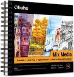 Watercolour Sketchbook, Ohuhu 8.9"×8.3" Mix Media Paper Pad, Mixed Media Sketchbook for Wet or Dry Media, 120 LB/200 GSM Heavyweight Papers 62 Sheets/124 Pages, Spiral Bound Mix Media Pad for Acrylic, Watercolor, Pen and Pencil Painting