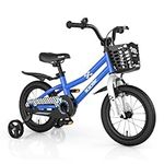 GYMAX 14” Kids Bike for 3-5 Years, Childrens Bicycle w/Removable Training Wheels, Basket & Dual Handbrake, Toddler Bike for Boys Girls (14 Inches, Blue, Checkerboard)