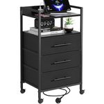 Adoture Bedside Table with Charging Station, Bedroom Side Table with 3 Fabric Drawers, Small Storage Sofa End Table with Open Shelf and 4 Castors, Nightstand for Living Room, Hallway, Black