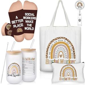 Dingion Social Worker Appreciation Gifts Set Include 20 oz Stainless Steel Insulated Cup with Straw Canvas Tote Bag Cosmetic Bag Badge Holder Socks for Retirement Social Work Volunteer Graduation Gift