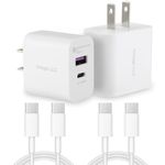 2 Pack 20W USB A C Wall Charger with 2 Pack 6.6Ft Type C to C Cable for iPhone 15 Plus Pro Max, iPad 10th / iPad Pro 11" 12.9" / iPad Mini 6th / iPad Air 4th 5th, Android Phones Tablets