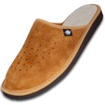 FOOTHUGS Mens Natural Suede Leather Slippers Orthopedic Insole (9 UK Wide fit, Brown)