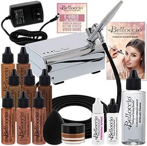 Belloccio Professional Beauty Deluxe Airbrush Cosmetic Makeup System with 5 Dark Shades of Foundation in 1/2 oz Bottles - Kit includes Blush, Bronzer and Highlighters