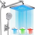 PinWin Shower Head, 8'' Dual Rain Shower Head with 11'' Adjustable Extension Arm, 7-Setting High-Pressure Handheld Combo, Rainfall LED Shower Head Water Temperature Controlled Color Changing,Chrome