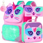 3PCS Backpack for Girls, Kids Sequin Bookbag with Lunch Box, 15" Preschool School Bag for Elementary Toddler Students - Cat