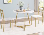 GarveeHome Dining Table Set for 2, Round Kitchen Table and Chairs for 2, 3 Piece Modern Dining Room Table Set, Kitchen Table Set for Small Space, Apartment, Gold Marble White