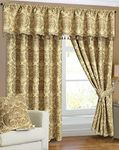 Heavy Weight Jacquard Chenille Luxury Curtain Pair Fully Lined Pencil Pleat with Matching Pelmet Tiebacks Pair Set Gold W 66 x L 90