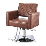 Barber Chair Hydraulic Pump PU Leather Barber Salon Chair With Pedal Square Chassis For Barber Shop, Salon Furniture (Brown)