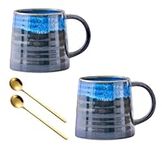 FIGHVER 16Oz Large Ceramic Coffee Mug Set of 2, Big Handmade Pottery Tea Cup with Handle for Office and Home, Microwave and Dishwasher Safe, Unique Gift for Parents Family Friends (Blue-Black, 2)