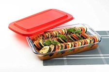 Signoraware Bake 'N' Serve Rectangular Bakeware Safe and Oven Safe Glass Dish Tray with PLASTIC LID | Borosilicate Glass Bowl Container | Microwave Oven Safe Baking (2200ml, Set of 1, Clear)