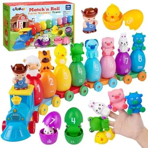 ESPRAY Toddler Learning Toys for 1 2 3 Years Old, Count Matching & Sorting Montessori Farm Train Set with 8 Farm Animals & 1 Farmer Finger Puppets, Christmas Easter Birthday Gift for Baby Boys Girls