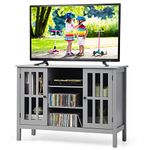 CASART TV Console Table, Modern 4-Tier Entertainment Center with 2 Doors, 3 Shelves & Wire Management Holes, Wooden Media TV Stand for Living Room, Bedroom, Office (Grey)